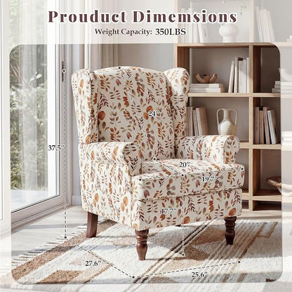 EROMMY Floral Accent Chair, Comfortable High Back Upholstered Armchair with Solid Wood Legs, Leisure Single Sofa Chair for Living Room, Home Office, Bedroom, Orange Floral