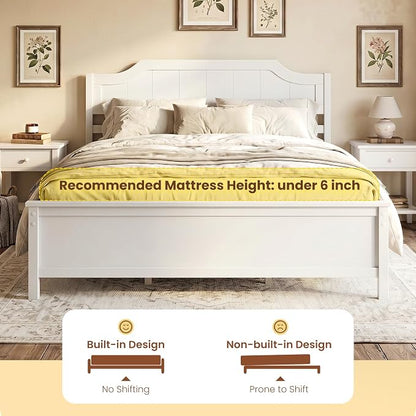 Giantex Queen Size Wooden Bed Frame with Headboard, Wood Slat Support | Farmhouse Platform Bed with Heavy Duty Mattress Foundation, Under-Bed Storage, No Box Spring Needed, Easy Assembly (White)