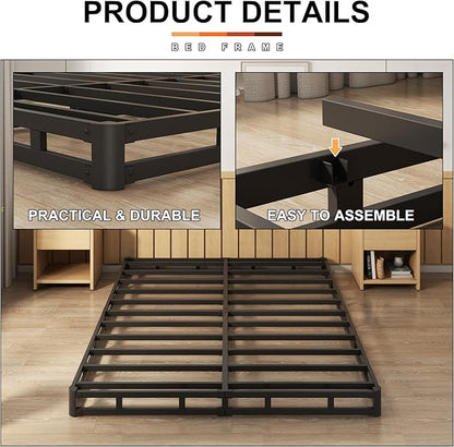 EMODA 4 Inch Full Box Spring Bed Base, 3000 LBS Heavy Duty Metal Mattress Foundation with Fabric Cover, Easy Assembly, Black
