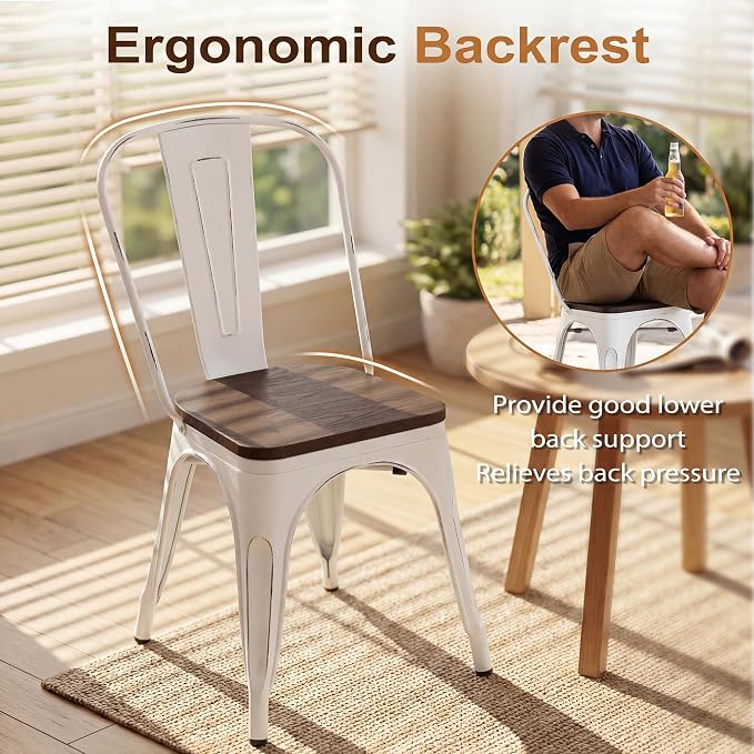 JUMMICO Metal Dining Chair Stackable Industrial Vintage Kitchen Chairs Indoor-Outdoor Bistro Cafe Side Chairs with Back and Wooden Seat Set of 4 (White)