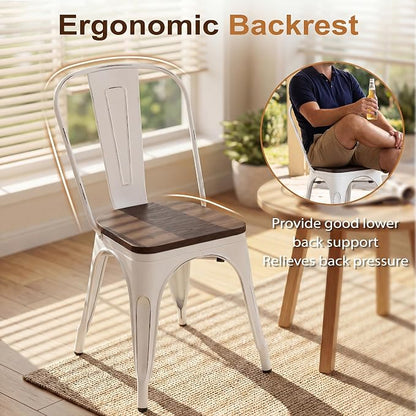JUMMICO Metal Dining Chair Stackable Industrial Vintage Kitchen Chairs Indoor-Outdoor Bistro Cafe Side Chairs with Back and Wooden Seat Set of 4 (White)