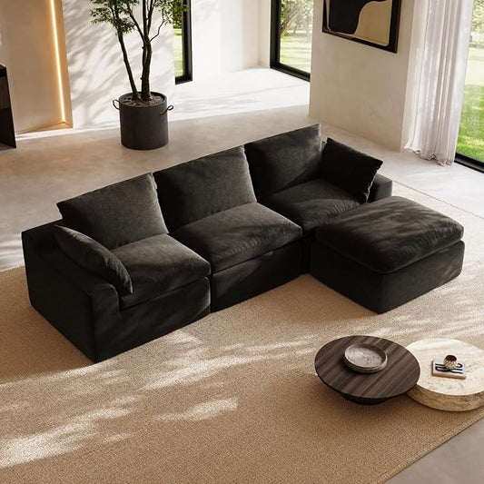 Novilla 104.3" Modular Cloud Couch, Modern Sectional Sofa with Smarts Coil® Support, Chenille Fabric, Upholstered Couch for Living Room Apartments Bedroom, No Assembly, 3 Seater + 1 Ottoman, Dark Grey