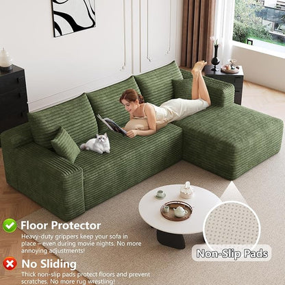 95" Modular Sectional Sofa, Modern Corduroy Cloud Couch with Side Pockets, Boneless Couch Upholstered 3-Seater L-Shaped Sofa for Living Room, No Assembly Required (Green,Right-Facing Chaise)