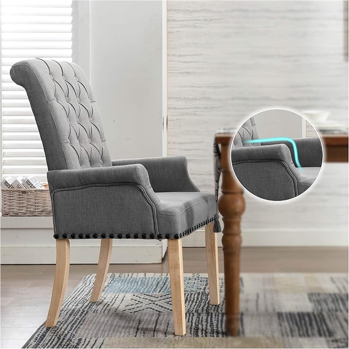 adochr Upholstered Fabric Accent Dining Chair, Elegant Tufted Club Dining Room Kitchen Room Arm Dining Chair, Light Grey