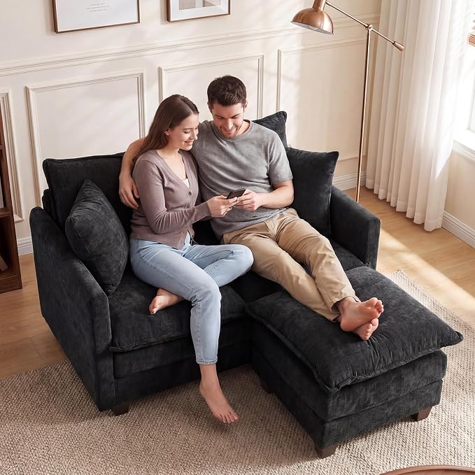 50'' L-Shape Loveseat Sofa with 22" Ottoman, 2 Seat Modern Cloud Couch with 2 Washable Pillows for Small Space Apartment Office Living Room Bedroom, Black