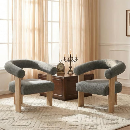 VKNOW Accent Chair Living Room Chairs Set of 2, Modern Upholstered Arm Chair with Solid Wood Legs, Comfy Barrel Accent Chairs for Living Room, Bedroom, Dark Grey