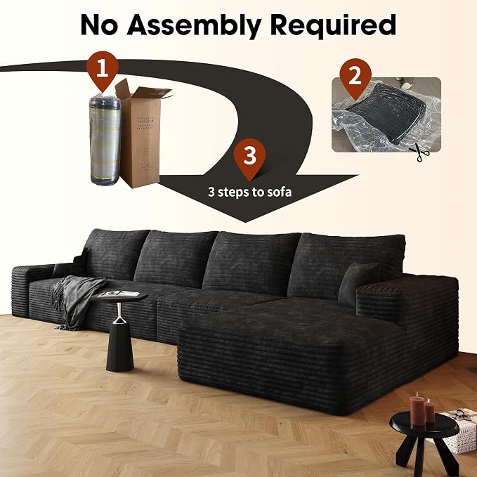 AUGOP 136" Sectional Couches for Living Room Modern Modular Sofa with L-Shape Couchs Upholstered Boneless Couch Deep Seat Sectional Couch with Chaise (Black, Right Facing Chaise+3Seaters)