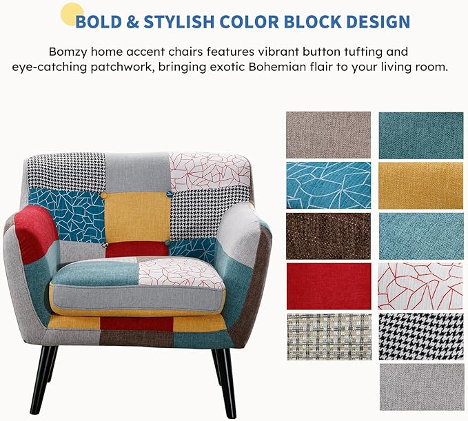Bonzy Home Modern Accent Chair Set of 2 for Living Room, Colorful Boho Linen Fabric Upholstered Armchair with Wood Legs, 2 Single Chairs
