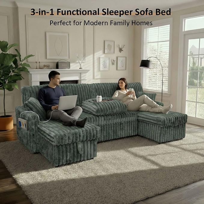 KCGKCG 104" U Shaped Sleeper Sofa Bed, Sectional Couches for Living Room, Plush Corduroy Pull Out Couch Bed with Storage, Modular Sectional Couch with Charging Station, Cup Holder, Side Pocket, Green