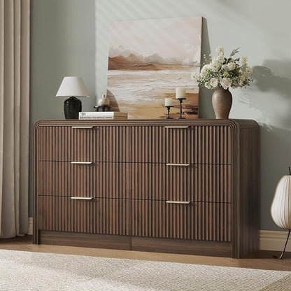 Decofy Fluted Drawers Dresser for Bedroom, Wood Dressers with Gold Handles, Modern Dressers with Wave Texture, Large Storage Chest of Drawers, Bedroom Dresser Organizer 55'' & 6 Drawers (Walnut)