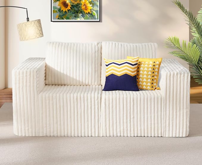 Modular Sectional Sofa 2 Seater Loveseat Modular Couch with Deep Seat Memory Foam Cloud Chair with Pillows Oversized Sectional Sofa for Living Room Bedroom (Strip White, Loveseat)