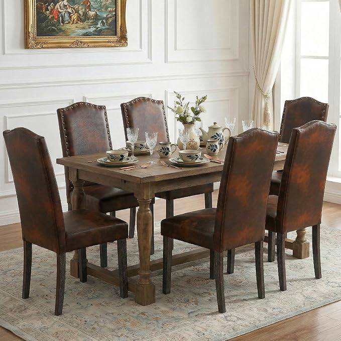LSSBOUGHT Dining Chair Upholstered Parsons Kitchen Chair with Copper Nails and Solid Wood Legs (Vintage Brown-pu, Set of 6)