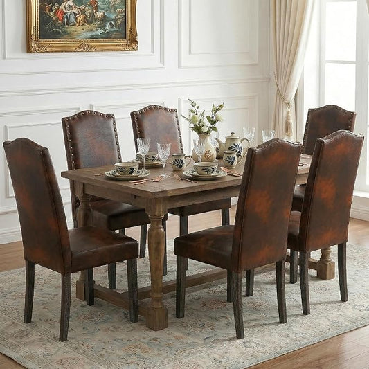 LSSBOUGHT Dining Chair Upholstered Parsons Kitchen Chair with Copper Nails and Solid Wood Legs (Vintage Brown-pu, Set of 6)