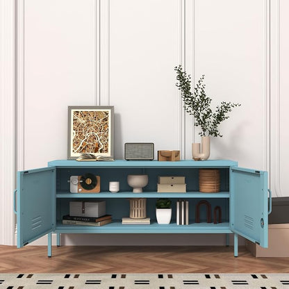 Wide Lockable Metal TV Stand with Accent Cabinet Locker, Heavy Duty Entertainment Center for Bedroom, Adjustable Shelves & 2 Doors, Multifunctional Storage Cabinet for Home 22"H X 35.4"W X 13.8"D