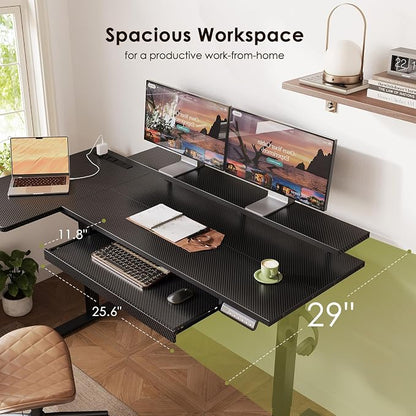 OffiGo 63 Inch L Shaped Electric Standing Desk with Keyboard Tray, Reversible Height Adjustable Corner Computer Desk with Monitor Stand, Sit Stand Up Lift Table for Home, Office, Carbon Fiber Black
