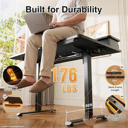 Veken 47x28 in Electric Standing Desk with Drawers, Adjustable Table, Black | Stand up Computer Desk for Home Office, Work & Study, with Storage, 3 Memory Presets, Cable Organizer, Hook, and Quiet Lift.