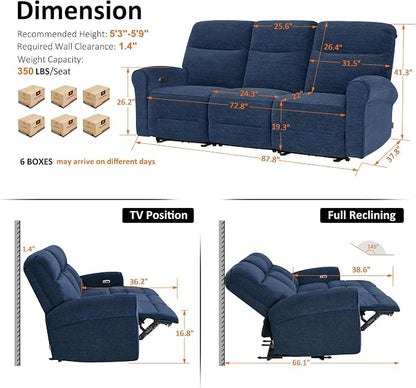 MCombo 87.8" Wall Hugger Power Reclining Sofa, 3-Seat Triple Recliner Couch with USB Ports, Rolled Arm Space Saving Recliner Sofa for Living Rooms Apartments RV, Fabric PR635M5 (Navy Blue)