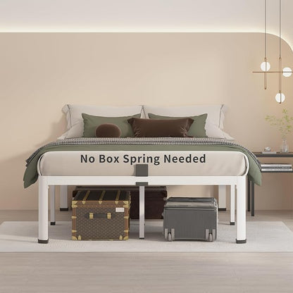 MAF 16 Inch King Size Bed Frame White with Round Corner Legs Mattress Slide Stopper No Box Spring Needed Heavy Duty Metal Platform Bed Frames Under-Bed Storage Space, 3000 LBS Steel Slats Support