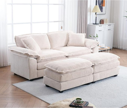 84.6” Corduroy Loveseat with Ottoman, Oversized Double Chaise Lounge Chair Indoor Deep Seat Two Seater Couch Cloud Couch Modular Sectional Sofa for Living Room(Corduroy White)