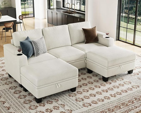 Belffin Small Corner Modular Sectional Couches for Living Room U Shaped Couch with Cup Holder White Couch
