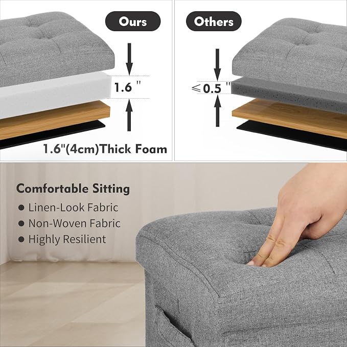 Folding Storage Ottoman, Linen Footstool Bench with Thicker Foam Padded Seat. Ottoman Foot Rest for Living Room, Bedroom, Home Office, Coffee Table. 350lbs Load Capacity, 17x13x13in, Light Gray
