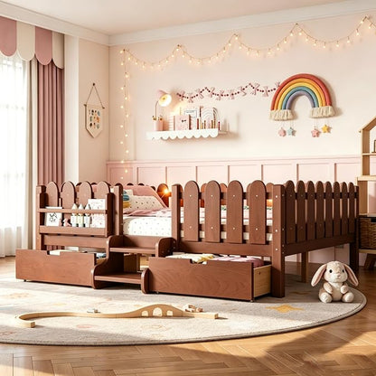 Bellemave Queen Size Platform Bed with Storage Drawers & Bookshelf for Boys Girls, Kids Queen Bed Frame with LED Lights & Stairs for Children's Room, Deep Natural