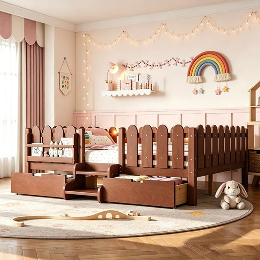 Bellemave Queen Size Platform Bed with Storage Drawers & Bookshelf for Boys Girls, Kids Queen Bed Frame with LED Lights & Stairs for Children's Room, Deep Natural