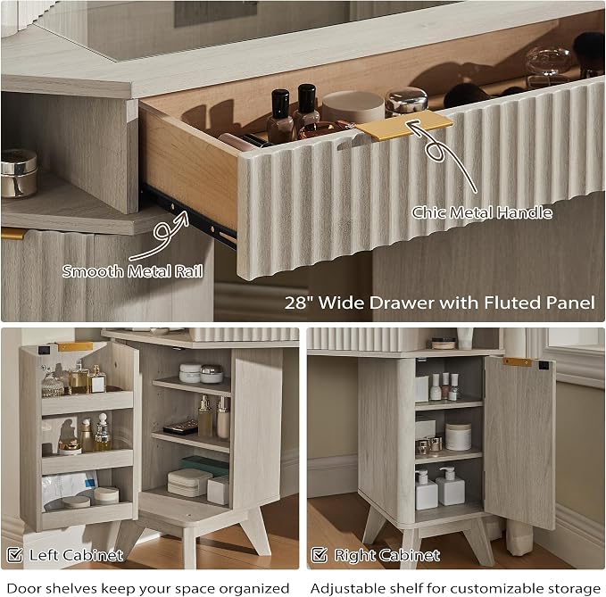 T4TREAM Fluted Makeup Vanity Desk with 3 Way Mirror and Lights, 48" Large Corner Vanity Table with Glass Top, Charging Station, 3 Drawers, Storage Cabinets & Shelves, for Bedroom, White Alder