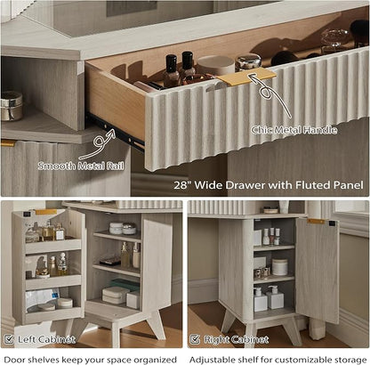 T4TREAM Fluted Makeup Vanity Desk with 3 Way Mirror and Lights, 48" Large Corner Vanity Table with Glass Top, Charging Station, 3 Drawers, Storage Cabinets & Shelves, for Bedroom, White Alder