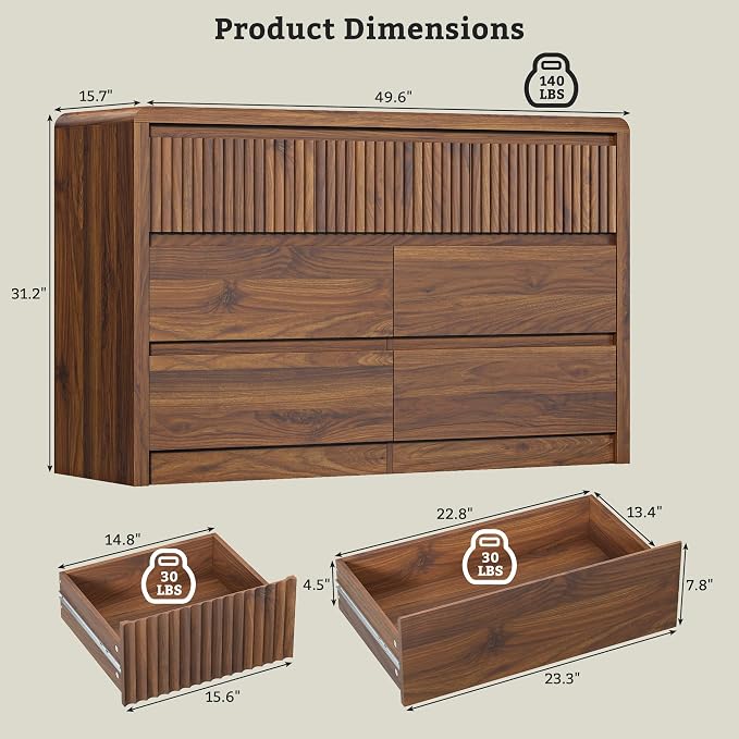 LYNSOM 7 Drawer Dresser for Bedroom, 50" Wide Fluted Dresser with Curved Corners, Wood Dressers & Chests of Drawers with Dual-Panel Design for Bedroom, Entryway, Walnut