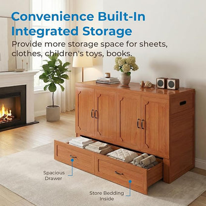 Mjkone Queen Murphy Bed with Mattress Include, Murphy Cabinet Bed with USB Charging Station, Hidden Cube Cabinet Beds with Large Storage Drawer for Bedroom Guest Room Home Office, Cherry