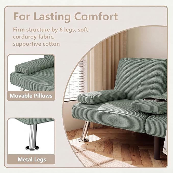 Flamaker Futon Sofa Bed Corduroy Folding Couch Adjustable Sleeper Sofa Bed for Small Apartment Upholstered Living Room Furniture Set with 2 Cup Holders Removable Armrests (Corduroy, Green)