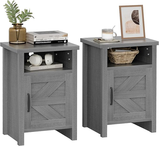 YESHOMY Farmhouse Modern Nightstand with Shelf and Barn Door, Set of 2 for Bedroom, Gray