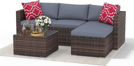 Patio Furniture Set 4 Pieces, Outdoor Patio Furniture Set with Rattan Wicker Chairs, Glass Table and Cushions for Porch, Balcony, Backyard, Garden, Poolside, Brown & Red (Brown + Light Grey, 5 Pieces)