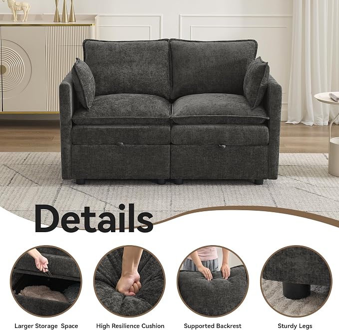 55" Cloud Modular Loveseat Sofa with Storage, Modern Upholstered Sofa Couch Small Love Seat, 2 Seater Chenille Comfy Sectional Sofa with Armrests for Living Room, Small Space, Dark Grey