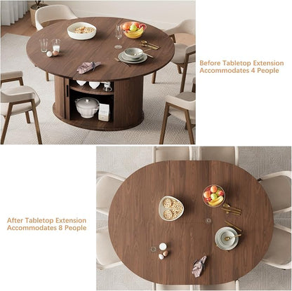 Dining Table for 4-6, 63“Extendable Round Dining Room Kitchen Table with 2-Tier Storage Shelf, Fluted Wood Table with Slide Door, Expandable Wood Oval Dinner Furniture with Pedestal Base (Walnut)