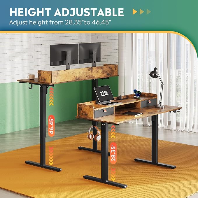DEVAISE 55 Inch Electric Standing Desk with Shelf, Adjustable Computer Desk for Home Office, with LED Touchscreen，Headphone Hook, 3 Memory Preset, with One-Piece Desktop, Rustic Brown