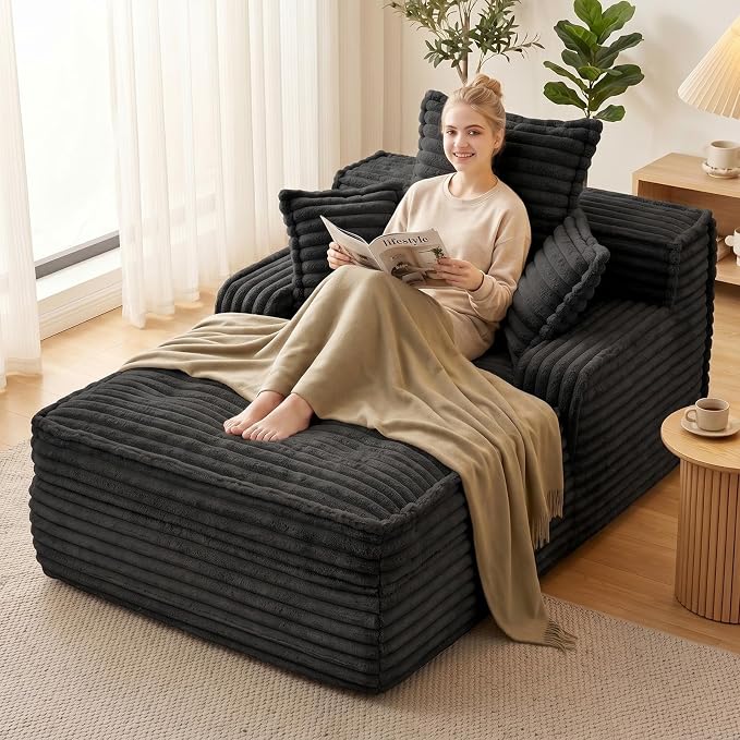 57 Inch Boneless Couch Lounge Chaise, Corduroy Upholstered Boneless Sofa Bed, Deep Seat Sleeper Couch Reading Chairs, Cozy Cloud Sofa Couches for Small Spaces, No Assembly Required, Black