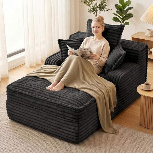57 Inch Boneless Couch Lounge Chaise, Corduroy Upholstered Boneless Sofa Bed, Deep Seat Sleeper Couch Reading Chairs, Cozy Cloud Sofa Couches for Small Spaces, No Assembly Required, Black