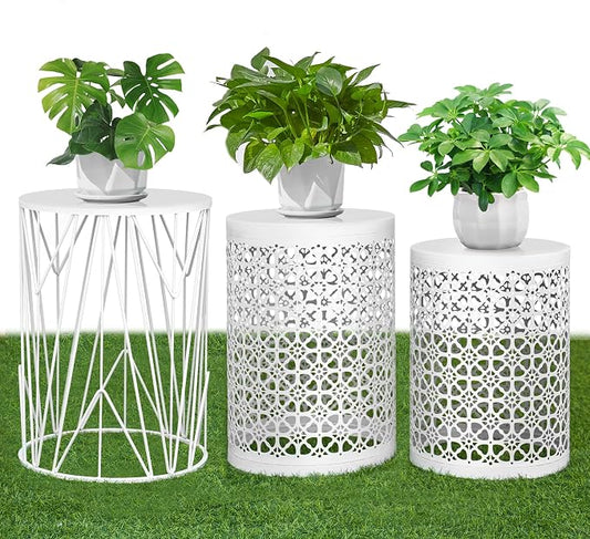 HFHOME Set of 3 Heavy-Duty Round End Table, Side Table, Coffee Table for Indoor Multifunctional Use, Outdoor Decorative Garden Stool Plant Stand-White