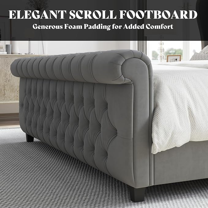 AMERLIFE California King Size Platform Bed Frame, Velvet Upholstered Sleigh Bed with Scroll Wingback Headboard & Footboard/Button Tufted/No Box Spring Required/Grey