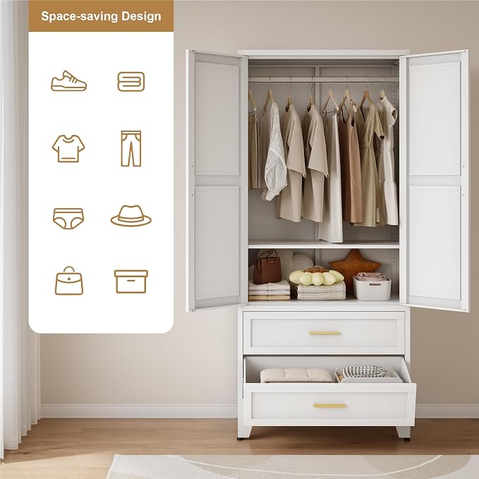 QINPTWUT 71" Tall Metal Wardrobe with Doors, Hanging Rod & Adjustable Shelf, Freestanding Steel Armoire for Bedroom Home Office, 2-Drawer White