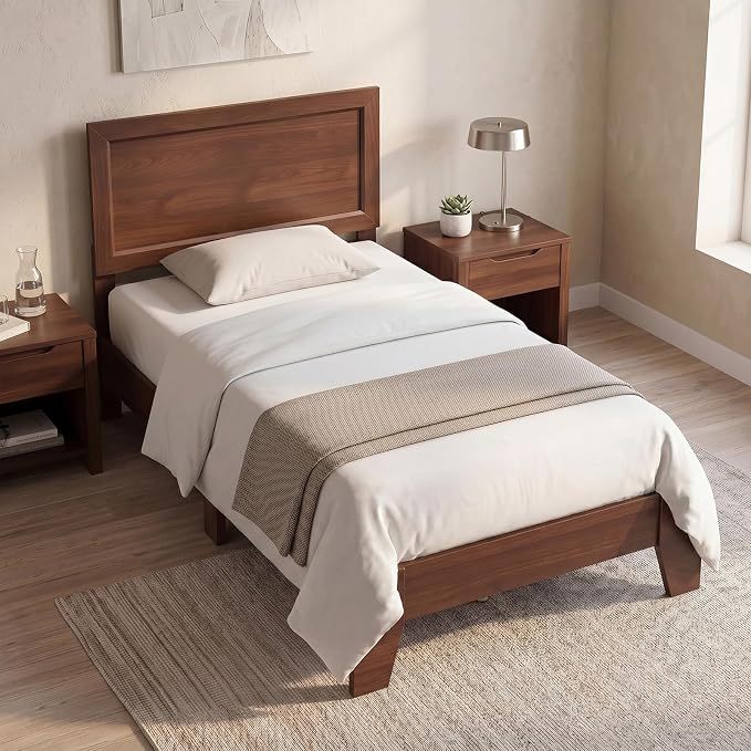 KOMFOTT Twin Size Bed Frame, Mid-Century Modern Platform Bed with Headboard, Wooden Slat Support Mattress Foundation, Under-Bed Storage Space, No Box Spring Needed (Walnut,Twin)