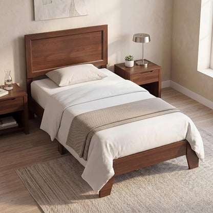 KOMFOTT Twin Size Bed Frame, Mid-Century Modern Platform Bed with Headboard, Wooden Slat Support Mattress Foundation, Under-Bed Storage Space, No Box Spring Needed (Walnut,Twin)