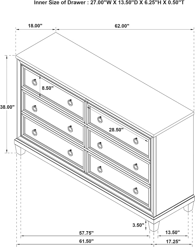 Coaster Home Furnishings - Pembroke - Wood - 6-Drawer Bedroom Dresser with Stepped Trim, Ring Pulls and Coastal Style - Bedroom - Washed Oak - 215923