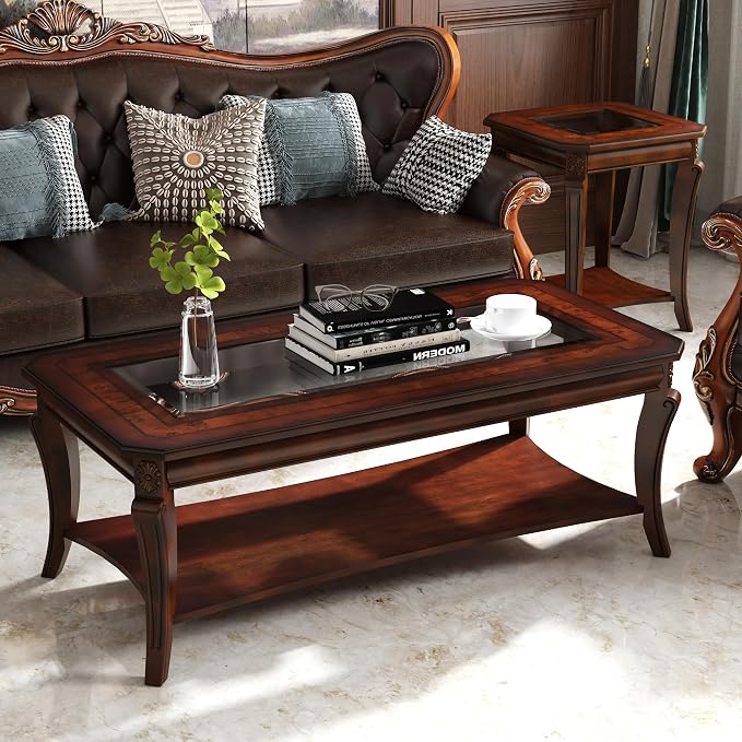 Rectangle Coffee Table for Living Room, Solid Wood Coffee Table with Glass Top, Traditional Distressed Farmhouse Style with Shelf, Solid Hardwood Rustic Center Table for Living Room, Cherry 1168GT