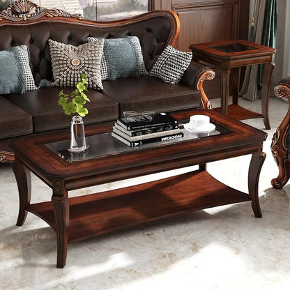 Rectangle Coffee Table for Living Room, Solid Wood Coffee Table with Glass Top, Traditional Distressed Farmhouse Style with Shelf, Solid Hardwood Rustic Center Table for Living Room, Cherry 1168GT