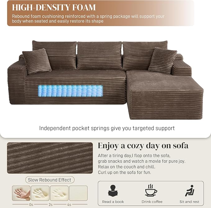 108" L Shaped Cloud Boneless Sectional Couches for Living Room, Modern Comfy Modular Deep Seat Memory Foam Compressed Corduroy Sofa Oversized Right Facing Chaise, No Assembly Required, Brown