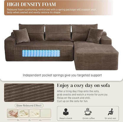 108" L Shaped Cloud Boneless Sectional Couches for Living Room, Modern Comfy Modular Deep Seat Memory Foam Compressed Corduroy Sofa Oversized Right Facing Chaise, No Assembly Required, Brown