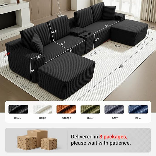 ivoros 150 Inch Modular Sectional Sofa Couch, Oversized Modern Cloud Couch for Living Room, U Shape Couches with 2 Ottomans, USB Ports and Cup Holders, Black Corduroy Boneless Sofas, Sofa in a Box